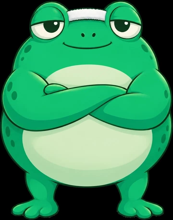 Shawgy, a round green frog in a white sweatband, arms crossed